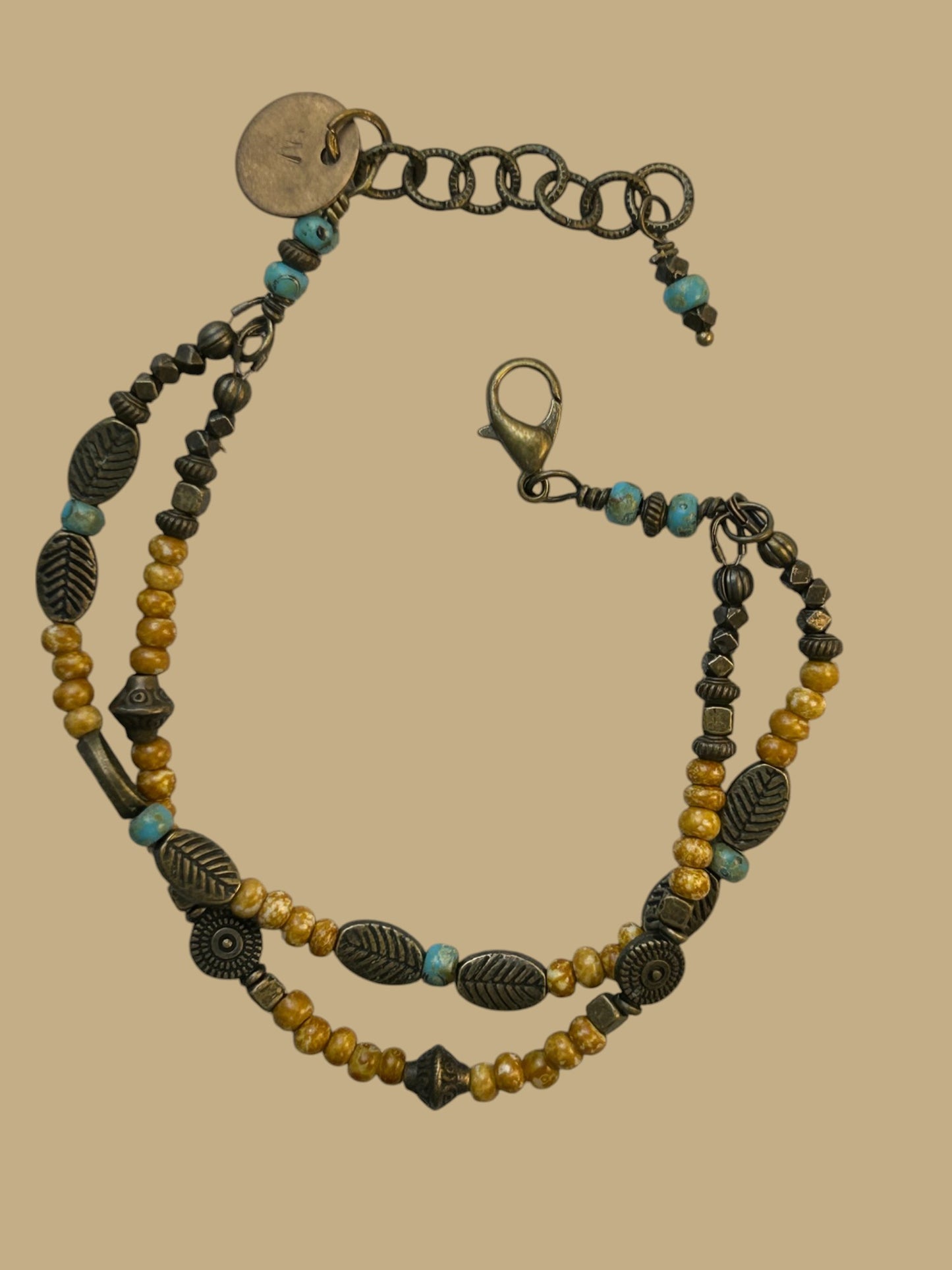 2 Strand Tan and Turquoise in Brass Bracelet