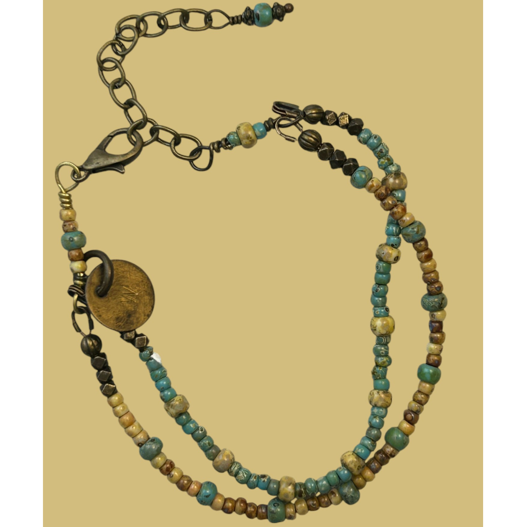 Brass 2 Strand Miyuki Turquoise and Beige Bracelet