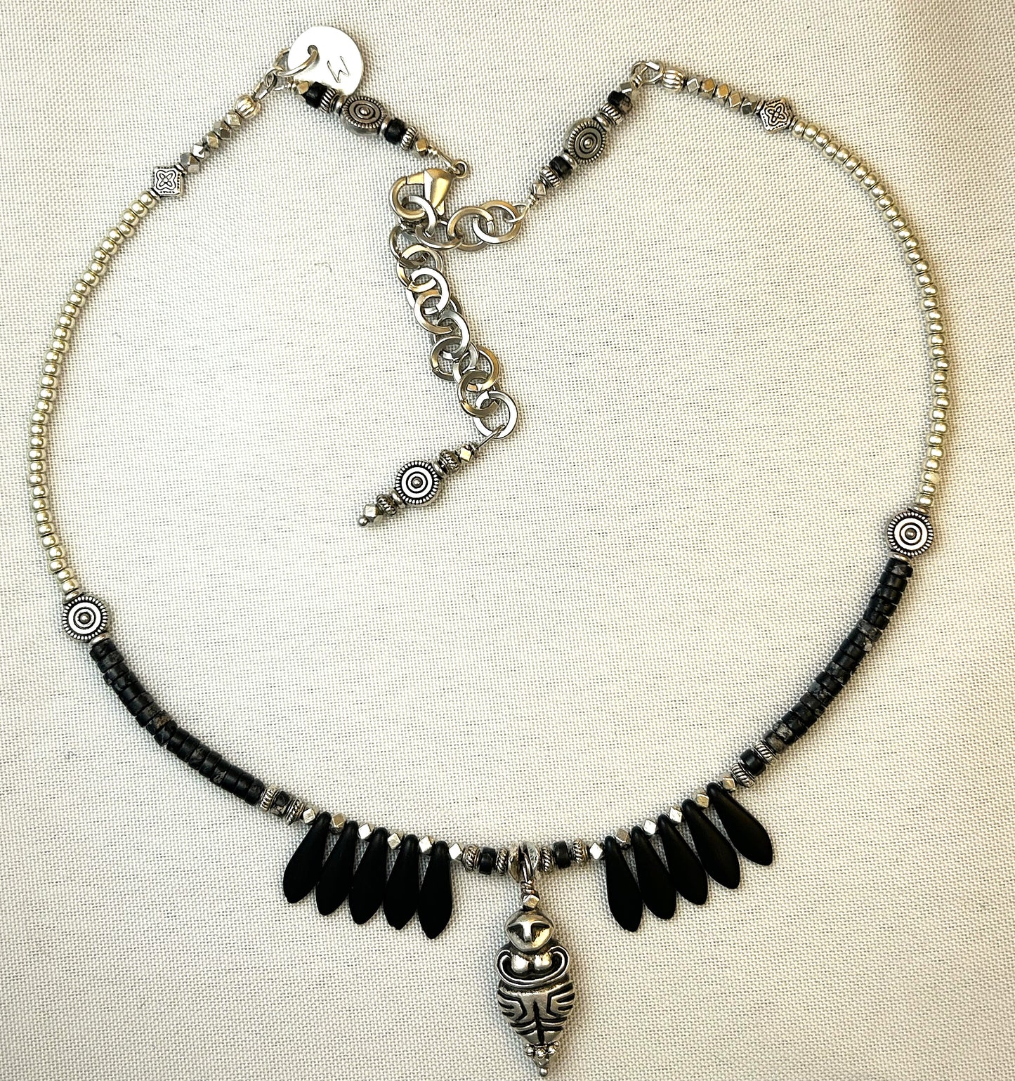 Silver Goddess and Black Czech Beads Choker Necklace