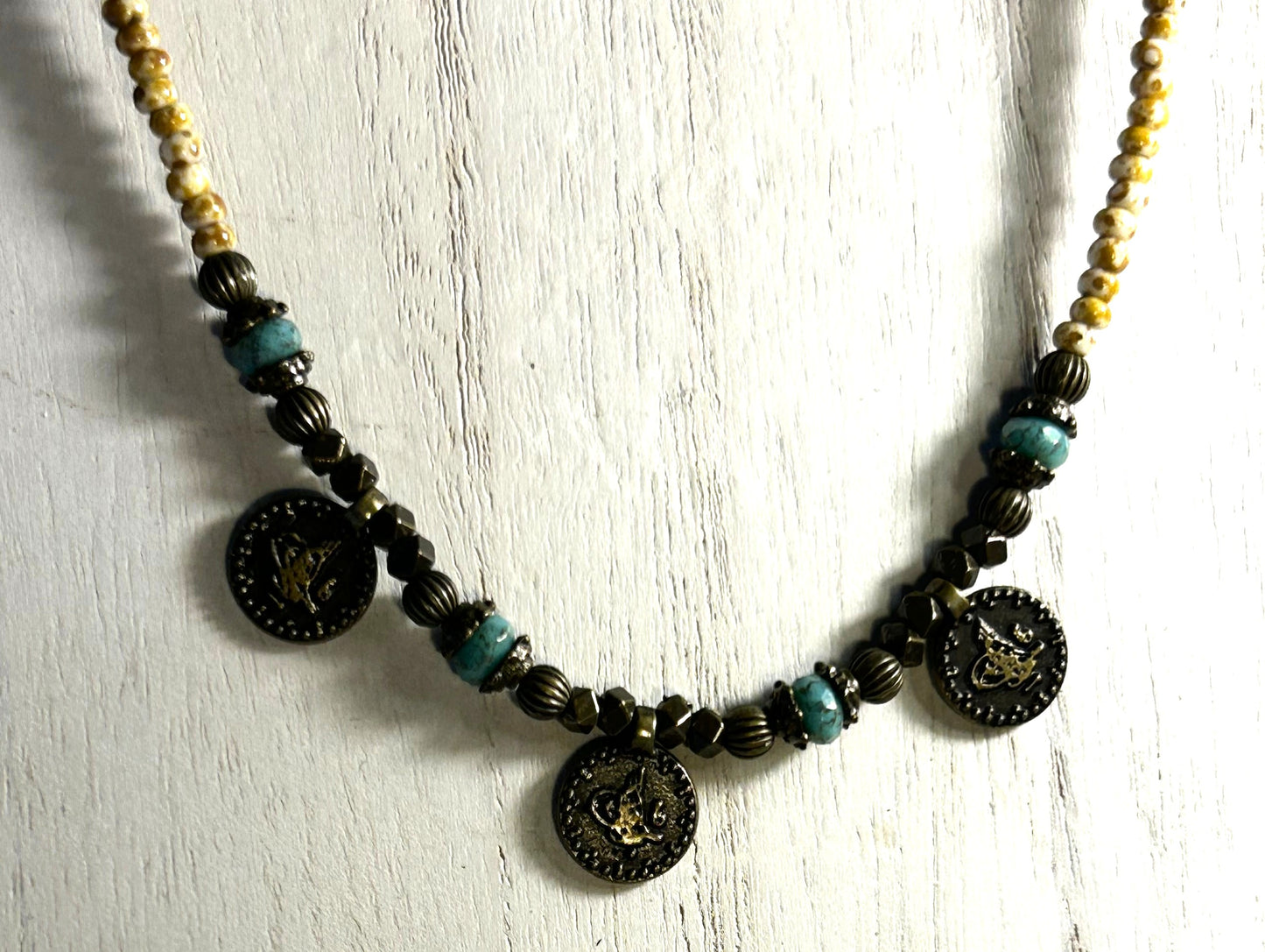 3 Brass and Turquiose Coin Chocker Necklace