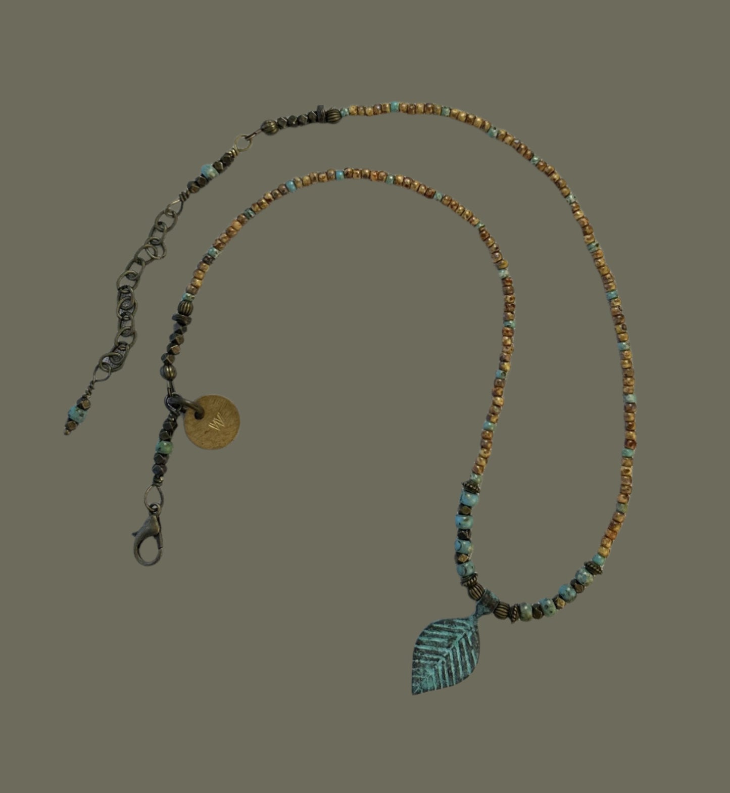 Turquoise Patina Leaf Pendant Adjustable Chocker