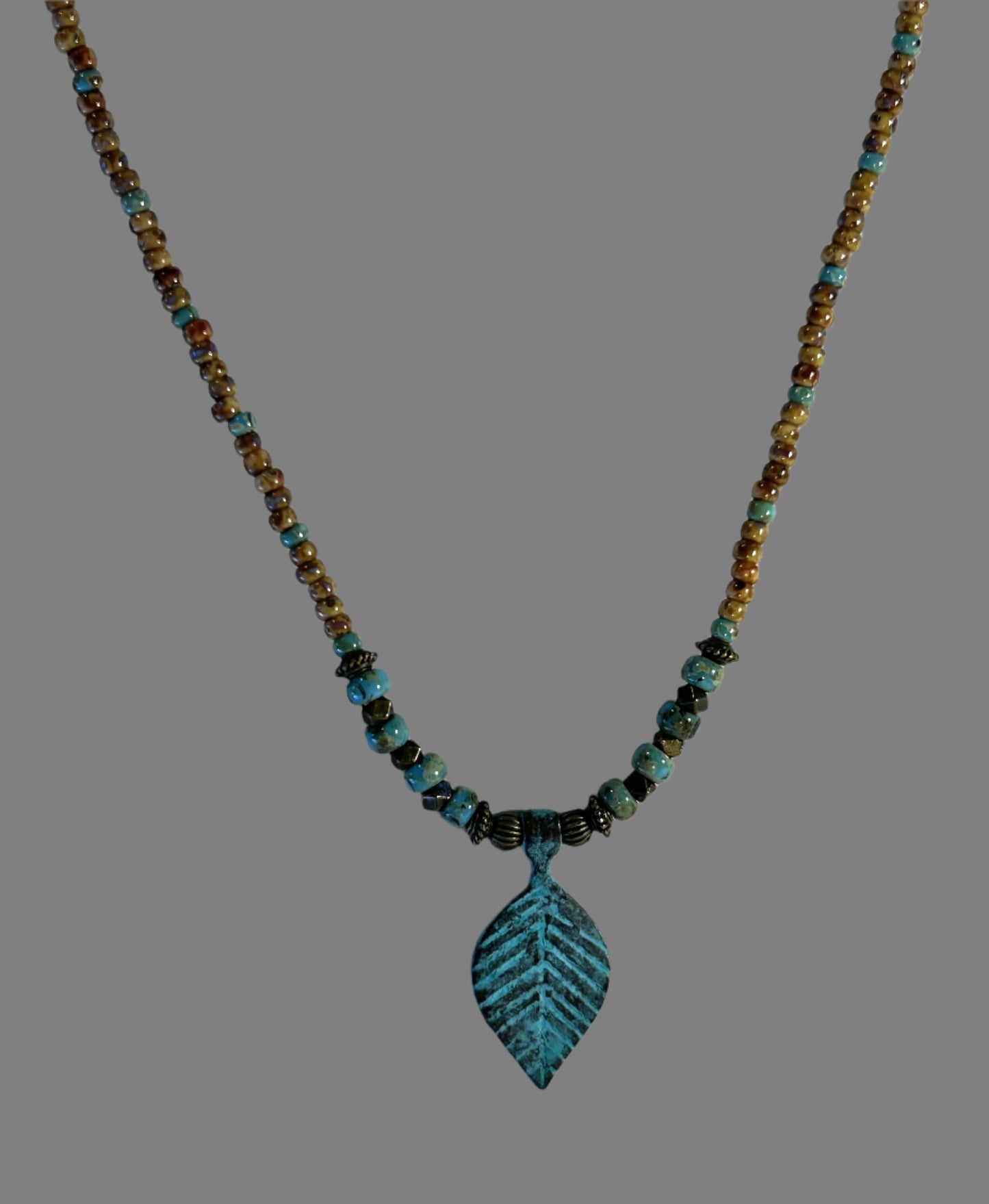 Turquoise Patina Leaf Pendant Adjustable Chocker
