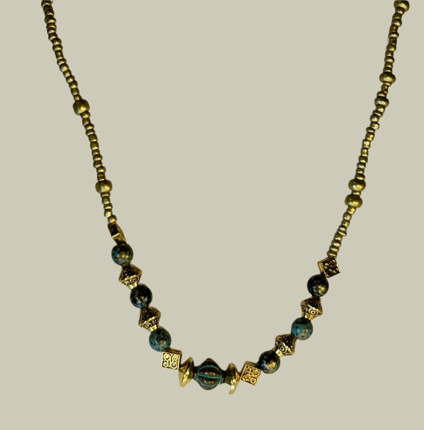 Turquiose Patina and Brass Bead Necklace
