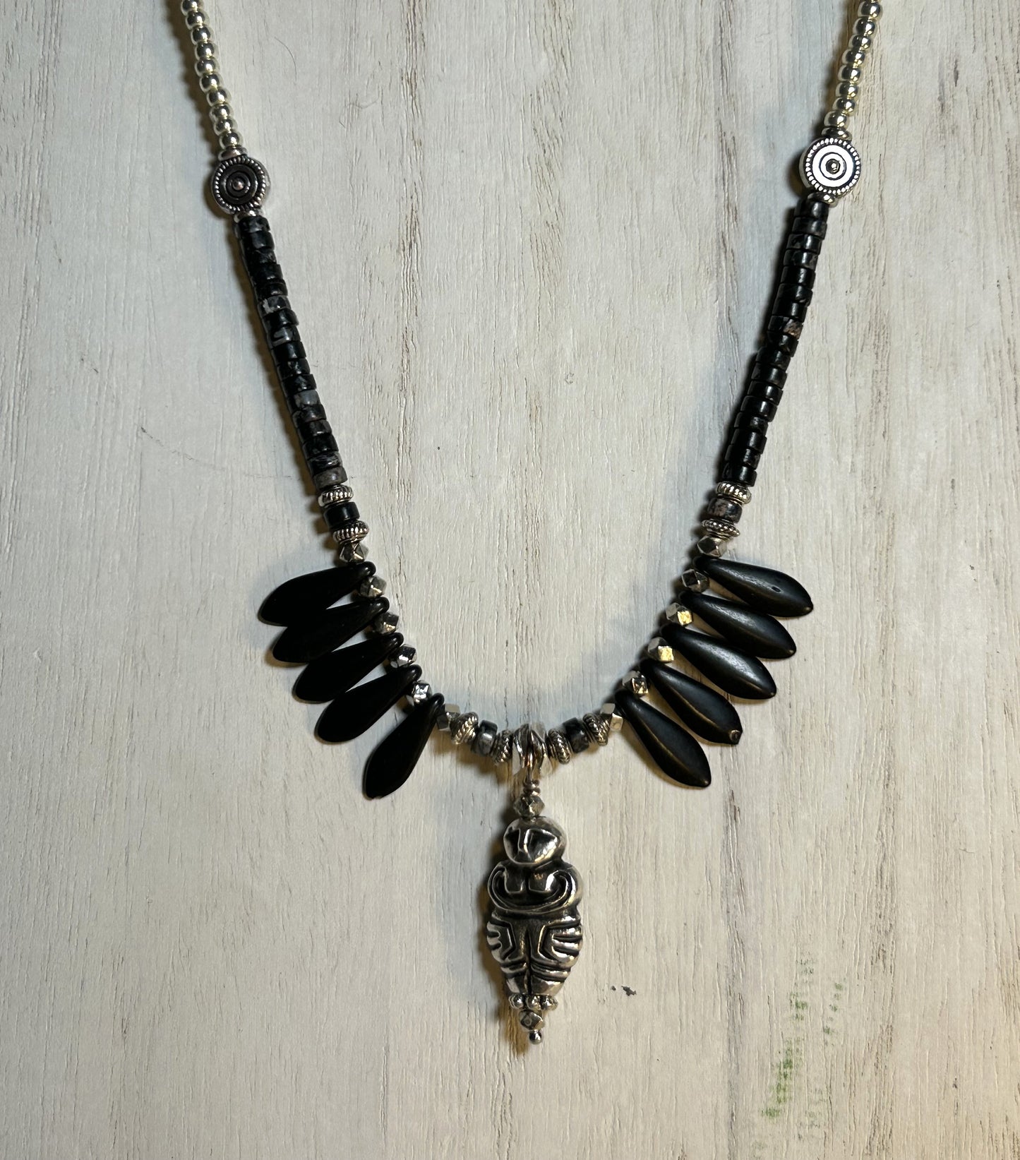 Silver Goddess and Black Czech Beads Choker Necklace