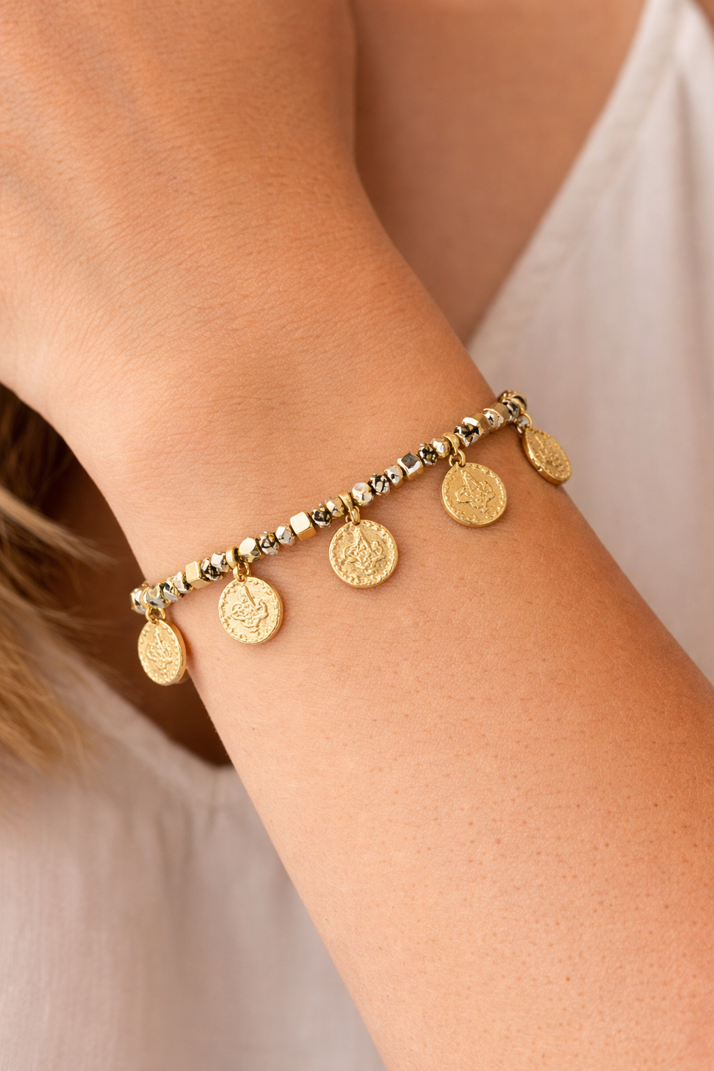 Silver and Gold Bracelet with 6 Gold Coins