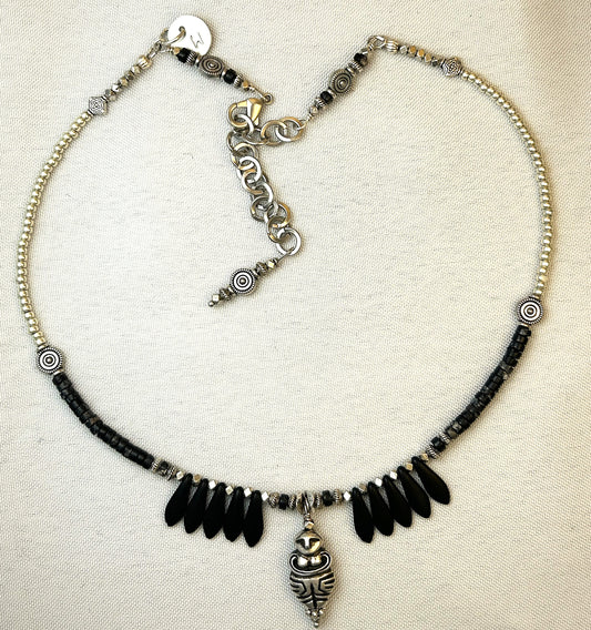 Silver Goddess and Black Czech Beads Choker Necklace