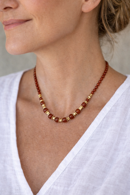 Carnelian Gemstone & Gold Bead Necklace – Adjustable Handmade Jewelry