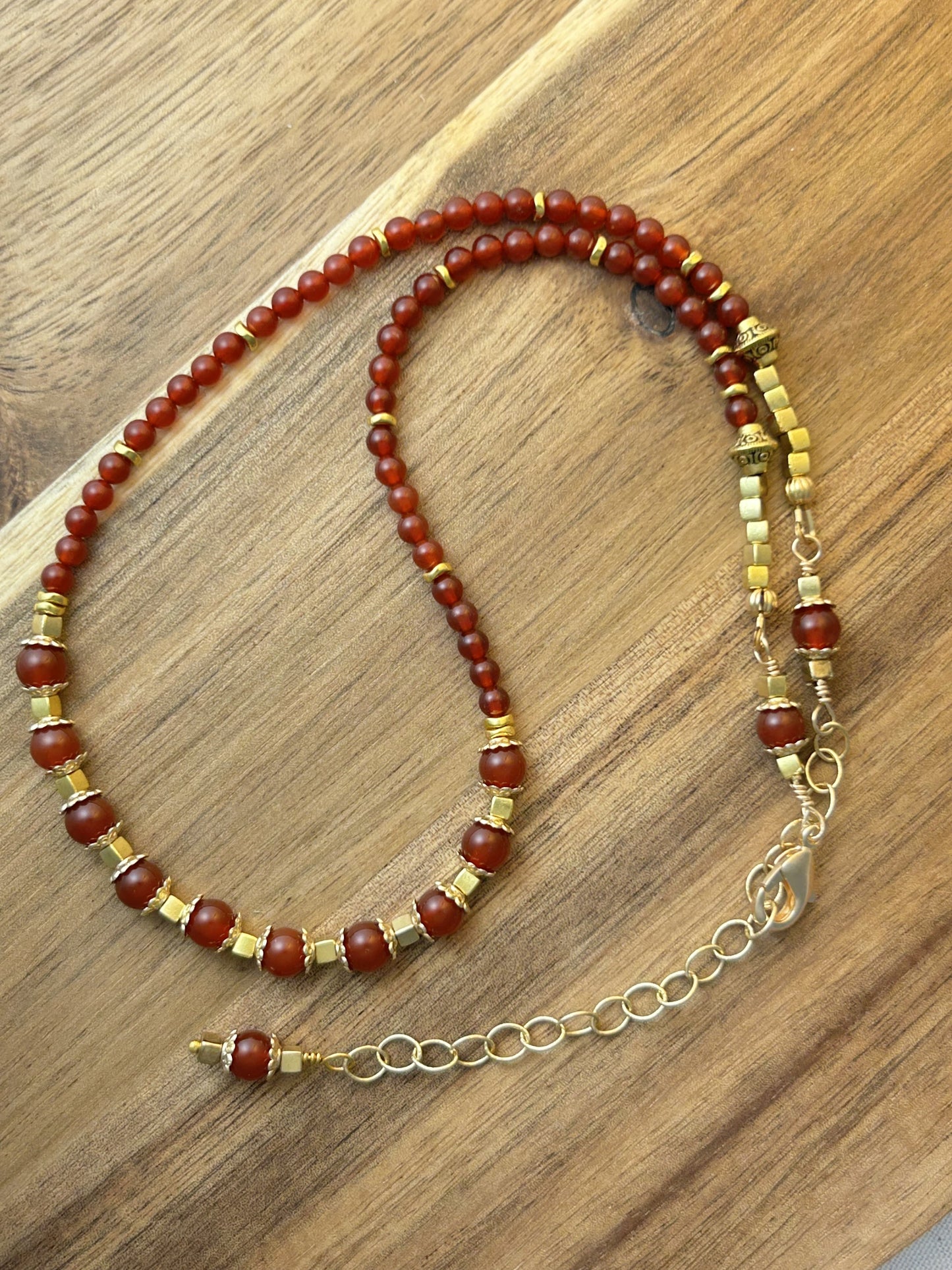 Carnelian Gemstone & Gold Bead Necklace – Adjustable Handmade Jewelry