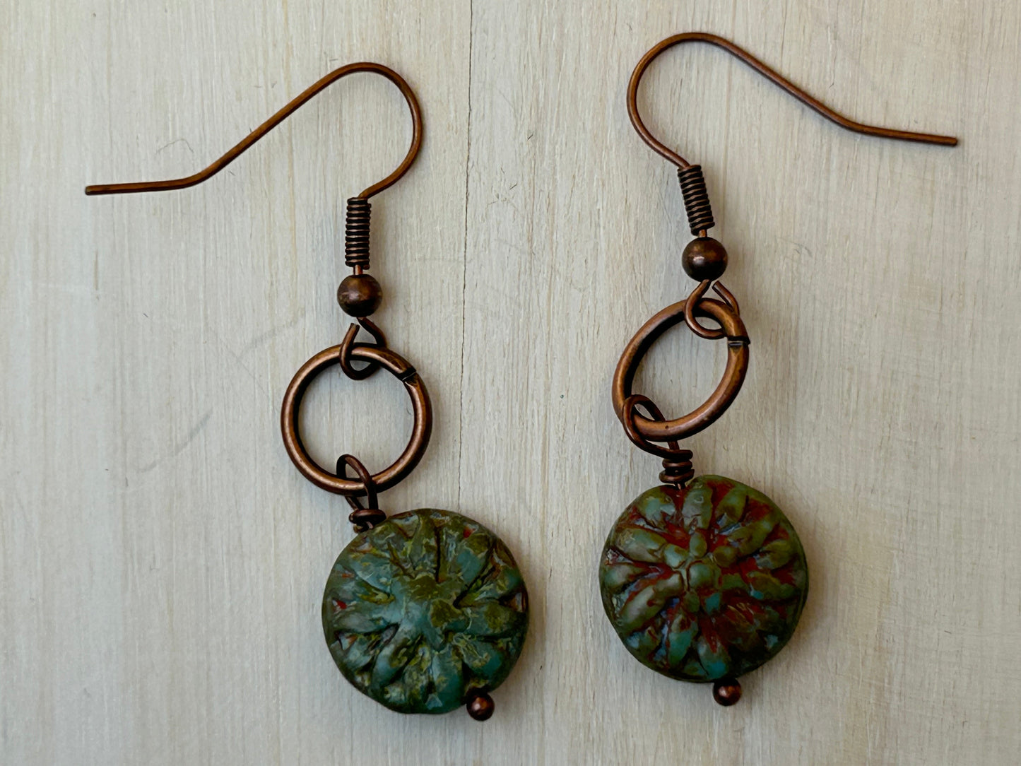 Copper and Green Czech Bead Earrings