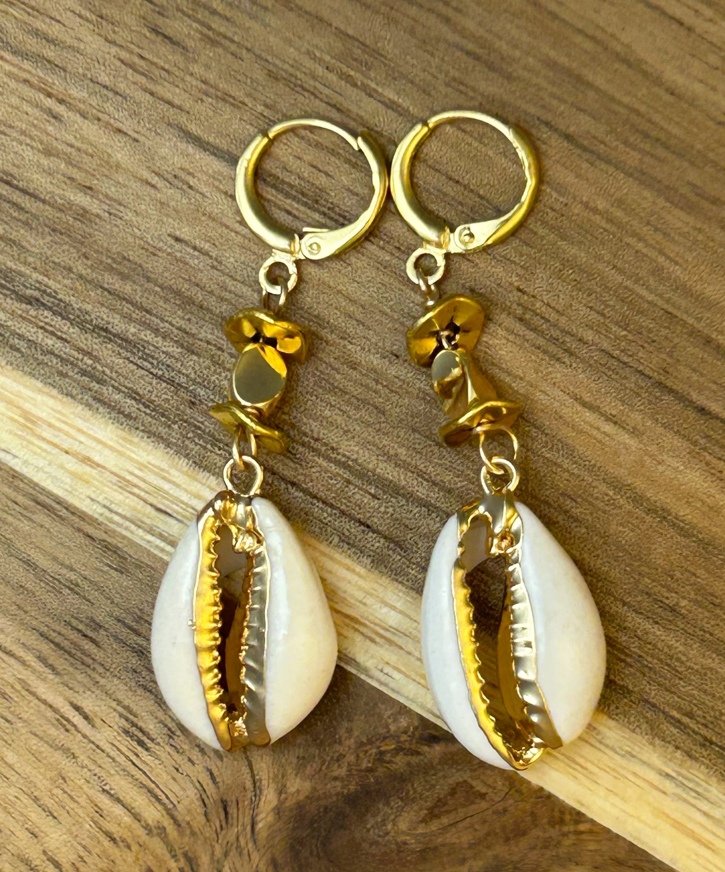 Gold-Edged Cowrie Shell Lever back Earrings
