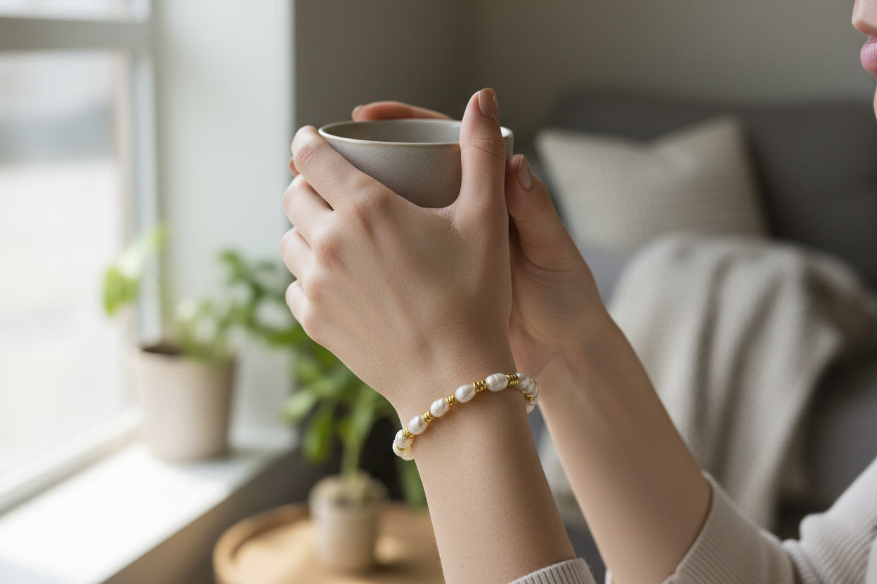 fresh water pearl and gold brace on woman