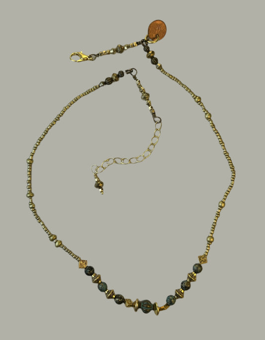 Turquiose Patina and Brass Bead Necklace