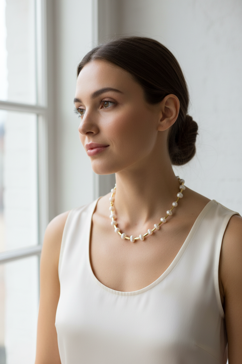 Gold and Fresh Water Pearl Necklace Lifestyle Photo